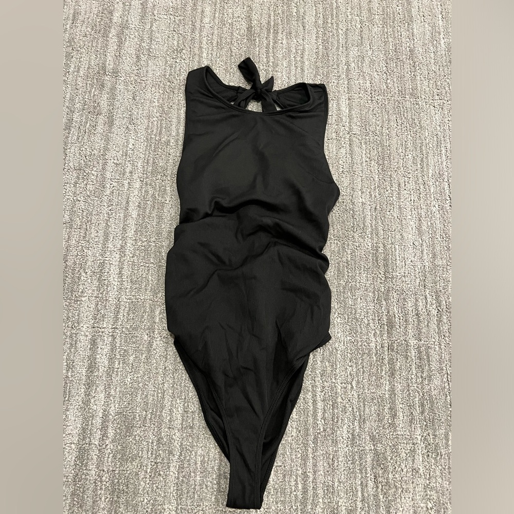 Classic Black One-Piece Swimsuit - Sleek High-Neck Tie Back